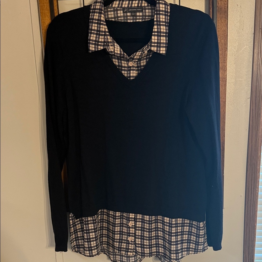 Adrianna Papell Black and Tan Plaid Layered Women's Top Size L